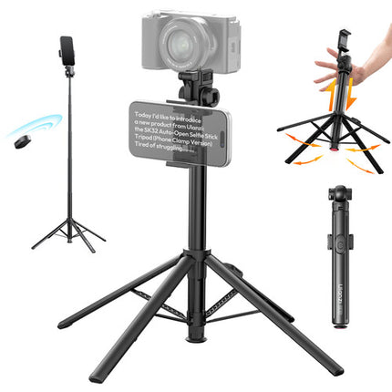 Ulanzi Auto-Open Selfie Stick Quadpod con Clamp para Teléfono 5.9' Extensible Bluetooth Remoto