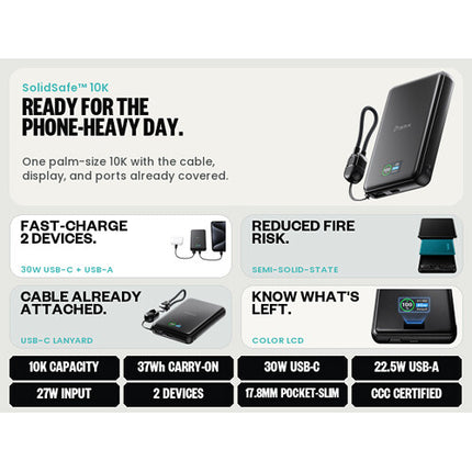 BMX SolidSafe Power Bank portátil 10000mAh 30W USB-C USB-A pantalla LCD aluminio