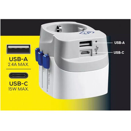 Adaptador Internacional Worldwide con USB-C 15W USB-A 12W y Euro