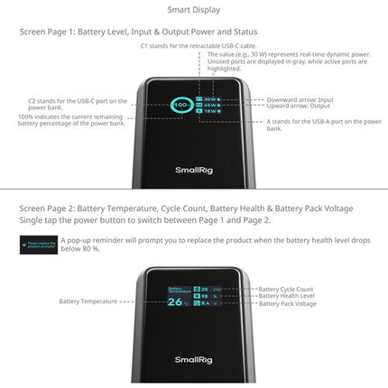 SmallRig Nano36 Power Bank Batería Portátil con Pantalla TFT y Cable USB-C Integrado