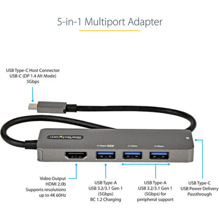 StarTech Hub USB 4 Puertos con HDMI 4K60 Cable USB-C 12" 100W