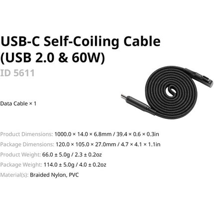 SmallRig Cable USB-C 2.0 Magnético Autoenrollable 60W 1.0 m Nylon