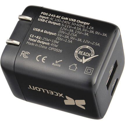 Xcellon PDG-245-AC Cargador USB-C USB-A 45W GaN Protección Mundial