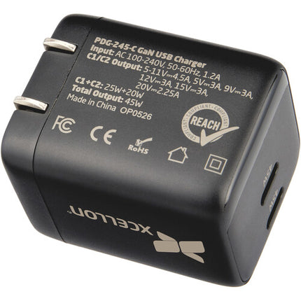 Xcellon PDG-245-C Cargador USB-C GaN 2 Puertos 45W Plegable