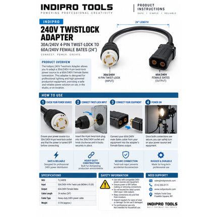 IndiPRO Tools Adaptador 240V Twist-Lock a Female Bates 24" 30A 4-Pin