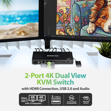 IOGEAR 2-Port Dual-View HDMI KVMP Switch con USB 2.0 Hub y 4K 60Hz