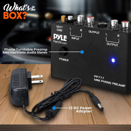Pyle Pro PP777 Mini Previo Fonográfico RCA con Adaptador 12 VDC
