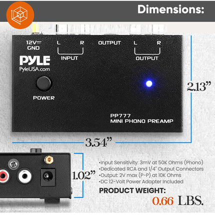 Pyle Pro PP777 Mini Previo Fonográfico RCA con Adaptador 12 VDC