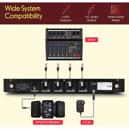 Pyle Pro PDWM4800C Sistema de Micrófono Inalámbrico de Conferencia 4 Canales 519-565 MHz 4 Micrófonos Gooseneck 4 Horas Uso Batería AA