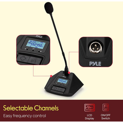 Pyle Pro PDWM4800C Sistema de Micrófono Inalámbrico de Conferencia 4 Canales 519-565 MHz 4 Micrófonos Gooseneck 4 Horas Uso Batería AA