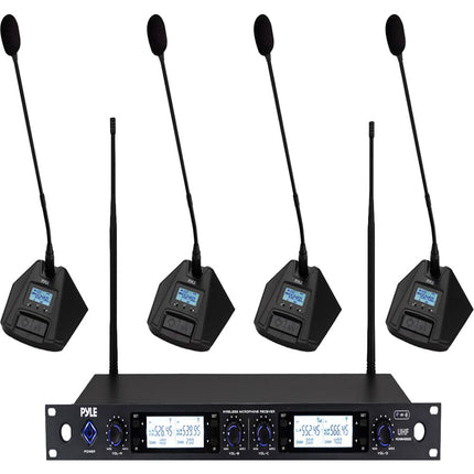 Pyle Pro PDWM4800C Sistema de Micrófono Inalámbrico de Conferencia 4 Canales 519-565 MHz 4 Micrófonos Gooseneck 4 Horas Uso Batería AA