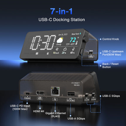 iVANKY 7 en 1 Estación de Acoplamiento USB-C con Pantalla LED 90W y HDMI 4K 60Hz