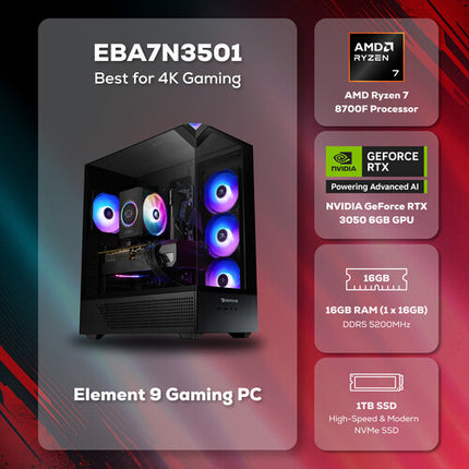 iBUYPOWER Element 9 PC Gaming Ryzen 7 8700F 16GB 1TB SSD RTX 3050