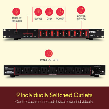 Pyle Pro Regleta de Alimentación Rack 15A 9 Salidas 1RU 1800J