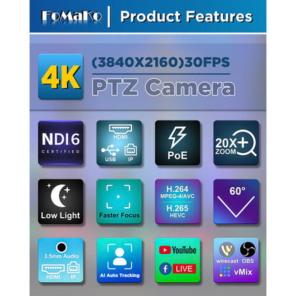 FoMaKo BK20UH2 NDI Pack 2 Cámaras PTZ 1080p Zoom 20x Controlador