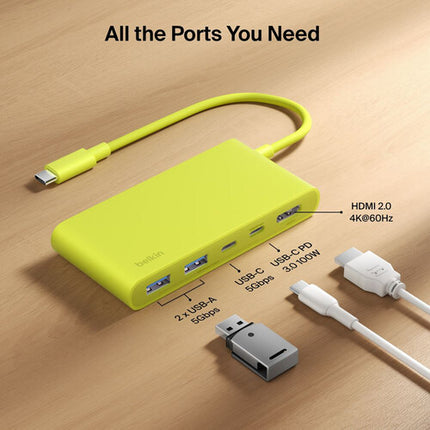 Belkin Connect Hub USB-C 5 Puertos 100W Power Delivery HDMI 4K 60Hz Amarillo