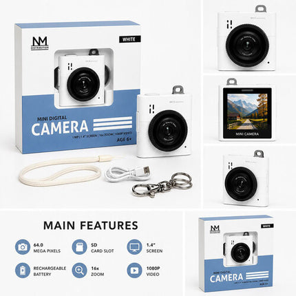NM Distribution Mini Cámara Digital Blanca 16x Zoom 64MP 1.4" LCD USB-C