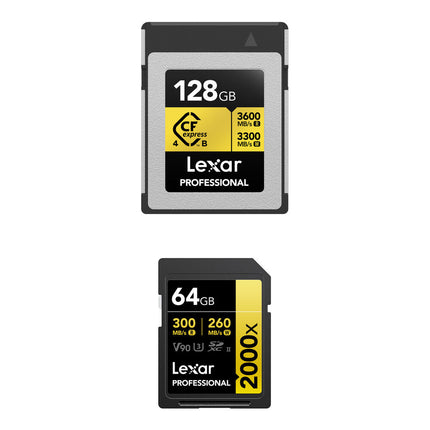 Lexar 128GB GOLD CFexpress 4.0 Type B 3600MB/s y 64GB UHS-II SDXC 300MB/s Tarjetas de Memoria Profesional