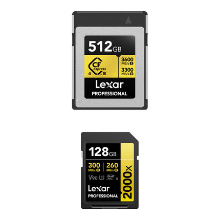 Lexar 512GB GOLD CFexpress 4.0 Tipo B 3600MB/s y 128GB UHS-II SDXC 300MB/s Tarjetas de Memoria Profesional