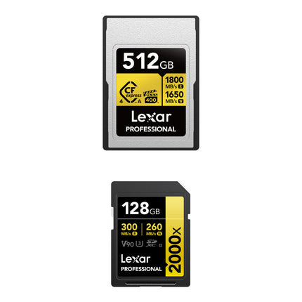 Lexar 512GB GOLD CFexpress 4.0 Tipo A 1800MB/s y 128GB UHS-II SDXC