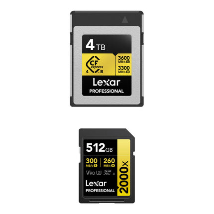Lexar 4TB GOLD CFexpress 4.0 Tipo B 3600MB/s y 512GB UHS-II SDXC 300MB/s Tarjetas de Memoria Profesional