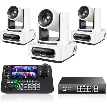 Tenveo UHD 4K30 NDI HX2 Kit 3 Cámaras PTZ 20x Zoom Controlador Joystick