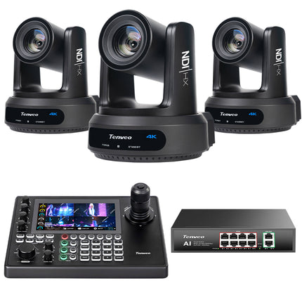Tenveo All-in-One Kit 2 Cámaras PTZ UHD 4K 20x Zoom Controlador KB500 PoE+ Switch 8 Puertos