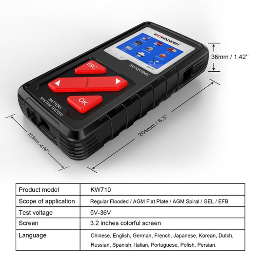 KONNWEI KW710 Probador de Batería Coche 3.2 Pulgadas