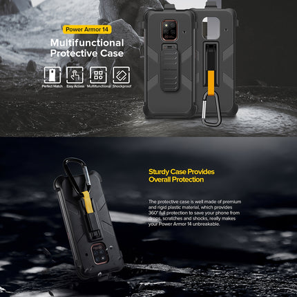 Funda para teléfono Ulefone Power Armor 14 Pro con clip trasero y mosquetón negra resistente TPU y PC