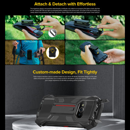 Funda para teléfono Ulefone Power Armor 15 con clip trasero y mosquetón negra resistente TPU y PC