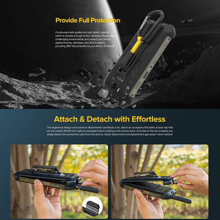Funda para teléfono Ulefone Armor 20WT con clip trasero y mosquetón negra resistente TPU y PC