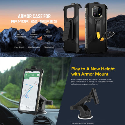 Funda para teléfono Ulefone Armor 22 con clip trasero y mosquetón negro resistente TPU y PC