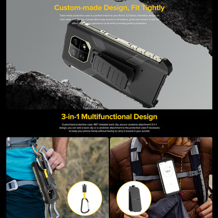 Funda para teléfono Ulefone Armor 22 con clip trasero y mosquetón negro resistente TPU y PC