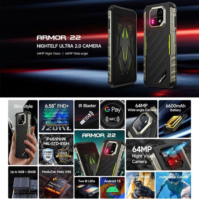 Ulefone Armor 22 Teléfono Rugged 8GB 128GB Pantalla 6.58 pulgadas