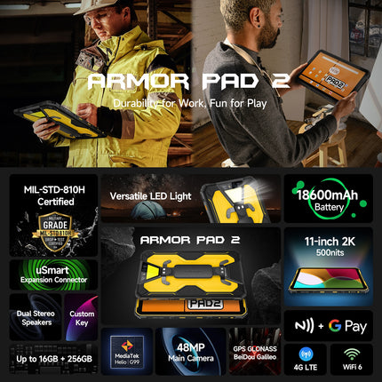 Ulefone Armor Pad 2 Tablet Rugged 11" 16GB RAM 256GB Android 13