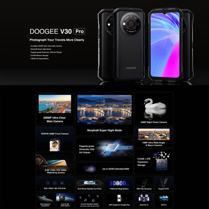 DOOGEE V30 Pro, Cámara de 200MP, Huella Digital Lateral, Batería de 10800mAh, 6.58 pulgadas Android 13 Dimensity 7050 Octa Core, Red: 5G, OTG, NFC, Soporte Google Pay, 12GB+512GB