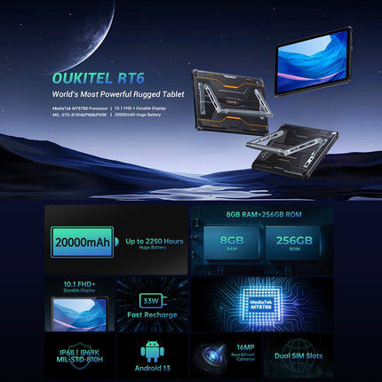 OUKITEL RT6 Tablet resistente IP68 IP69K 10.1 pulgadas 8GB 256GB Android 13