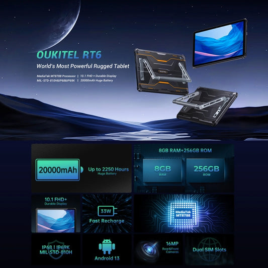 OUKITEL RT6 4G Network IP68/IP69K tableta resistente, 10,1 pulgadas Android 13 MediaTek MT8788 Octa Core compatible con Dual SIM, enchufe de la UE, RT6 8GB+256GB