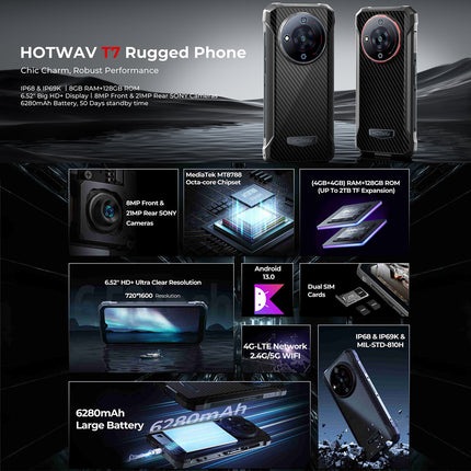 HOTWAV T7 Teléfono Resistente 4GB 128GB 6280mAh Pantalla 6.52