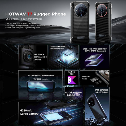 HOTWAV T7 Teléfono 4GB+128GB Batería 6280mAh 4G Android 13