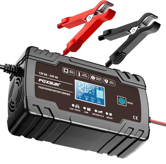 FOXSUR 8A 12V 24V Cargador Bateria Inteligente Auto 3Etapas