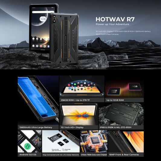 HOTWAV Tableta Robusta Tab R7, 10.1 Pulgadas Android 13 Unisoc Tiger T606 Octa Core Red 4G, Versión Global con Google Play, Tab R7