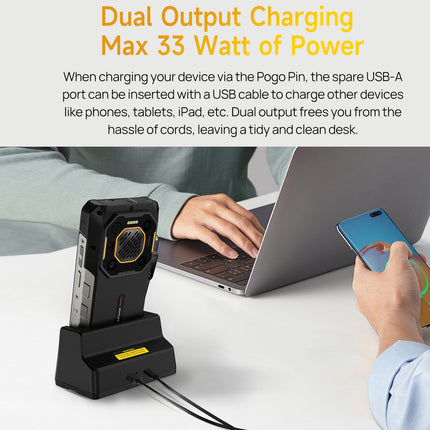 Ulefone UAS22 Base de Carga de Escritorio 33W para Armor 26 Ultra con Puerto Tipo-C y Salida Dual Pogo Pin USB-A