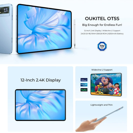 Tableta OUKITEL OT5S de 12 pulgadas con pantalla 2.4K, Android 14 Unisoc Tiger T606 Octa Core, compatible con red Dual SIM 4G, enchufe de la UE, 6GB+256GB, OT5S