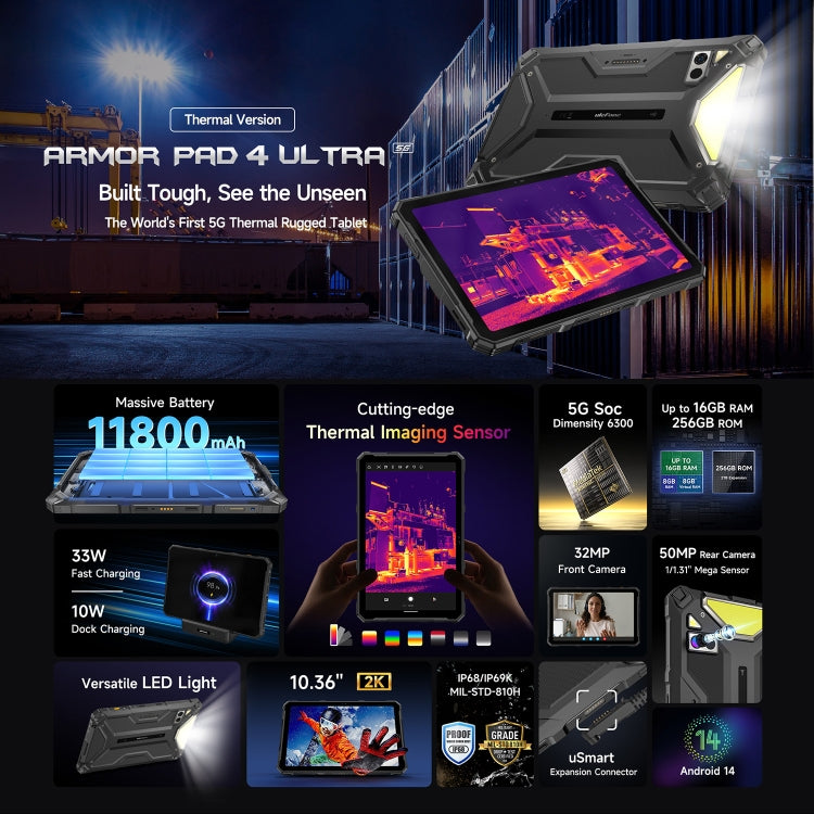 Tableta resistente Ulefone Armor Pad 4 Ultra versión térmica, 10,36 pulgadas, Android 14, MediaTek Dimensity 6300 Octa Core, red 5G, enchufe de la UE, Armor Pad 4 Ultra Thermal Imaging