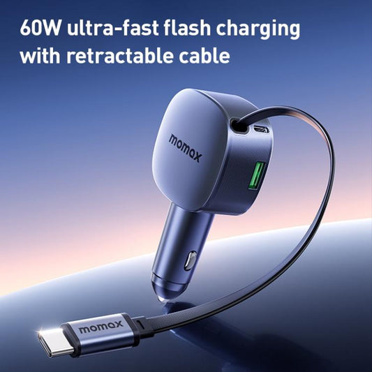 MOMAX UC19 Cargador De Coche 60W 3 En 1 Cable Retráctil