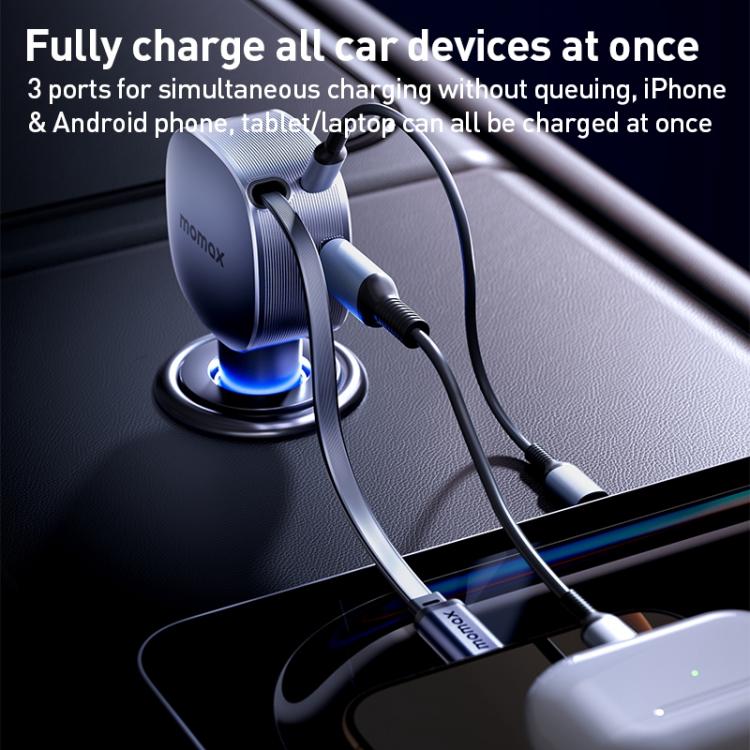 MOMAX UC19 Cargador De Coche 60W 3 En 1 Cable Retráctil