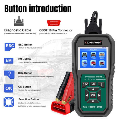 KONNWEI KW470 Escáner OBD2 Ford Pantalla Color 2.8 Pulgadas Moderno
