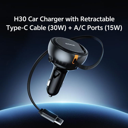 Rock H30 Retractable Type C Cable Car Charger USB A 45W
