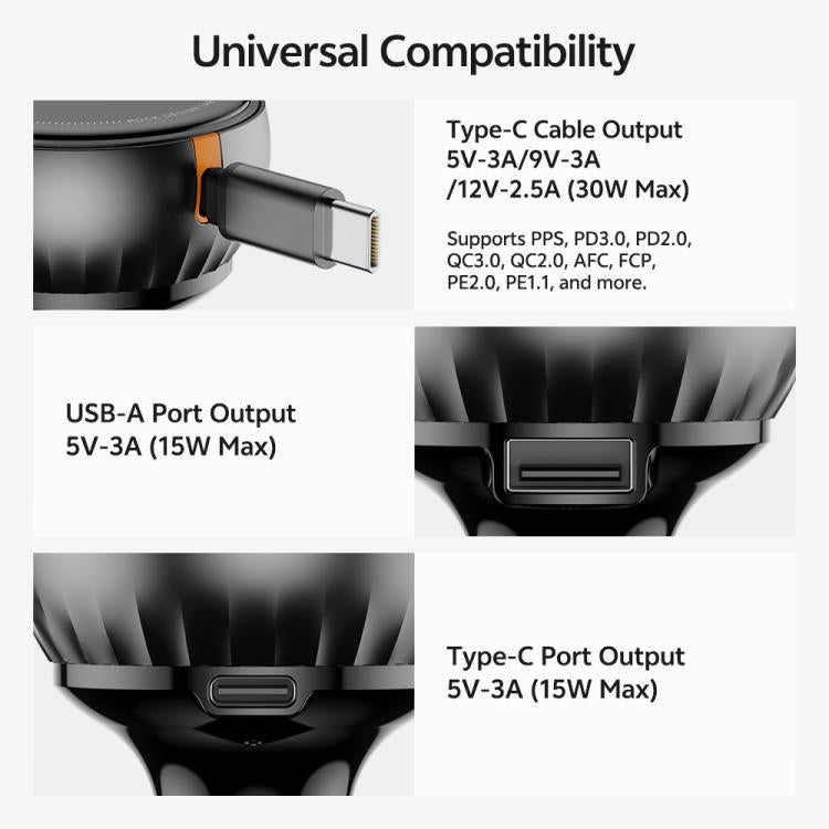 Rock H30 Retractable Type C Cable Car Charger USB A 45W